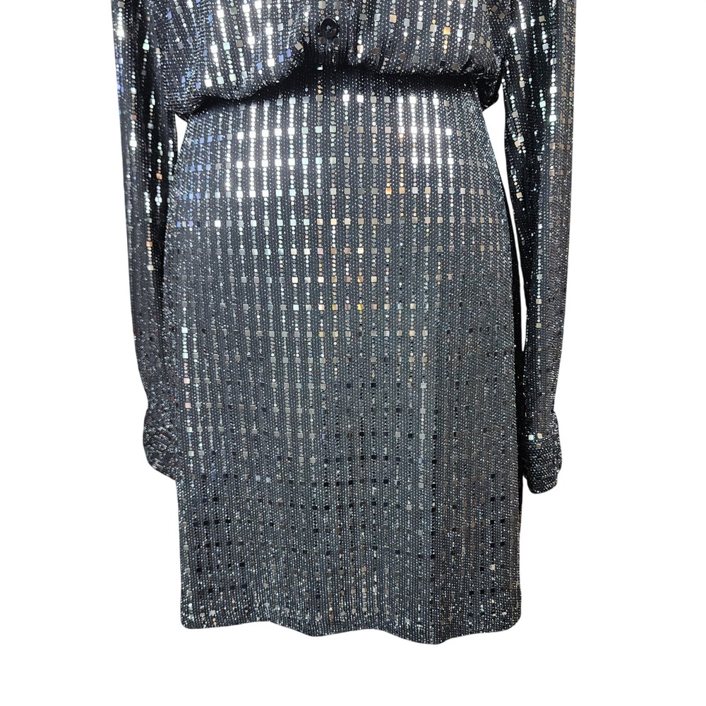 Cider Silver Sequin Metallic Button Up Long Sleeve Mini Dress Black Large - Picture 6 of 12